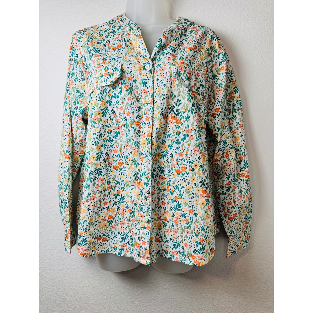 St Johns Bay Floral Button Down Shirt Petite XL Orange Yellow Cotton Blouse PXL